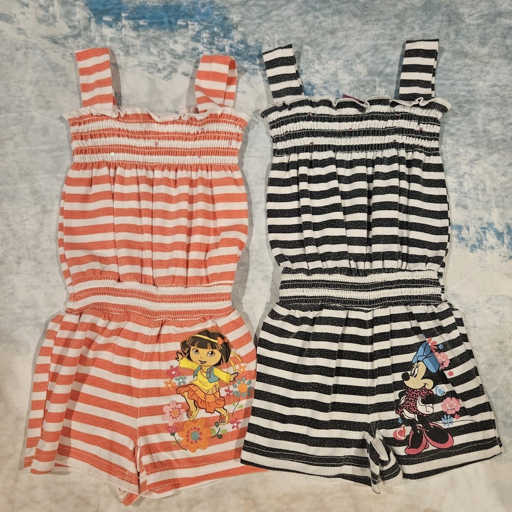 Dora Minnie Mouse Rompers Size 3T Toddler Girls Striped Disney Nickelodeon Lot 2